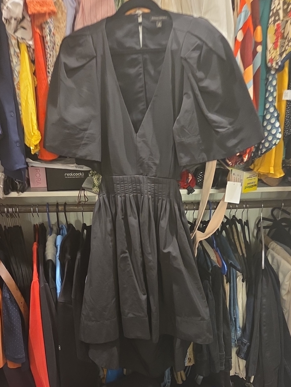 Banana Republic Black Asymmetrical V-Neck Dress with Puff Sleeves